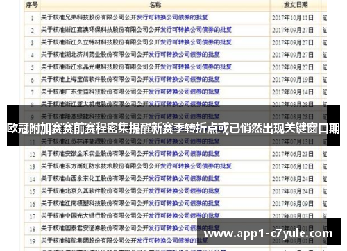 欧冠附加赛赛前赛程密集提醒新赛季转折点或已悄然出现关键窗口期